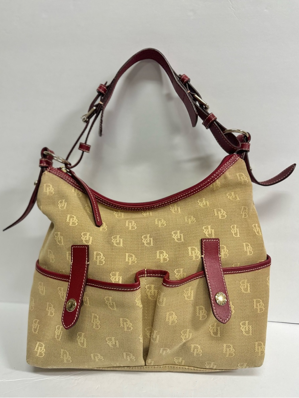 Dooney & Bourke DB Monogram Hobo Shoulder Bag Burgundy Leather Y2K